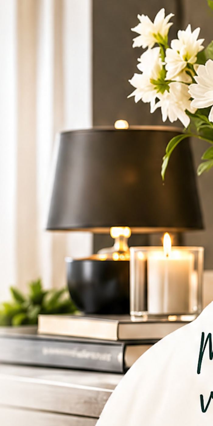 Een nachtkastje met schemerlamp, kaars en boeken