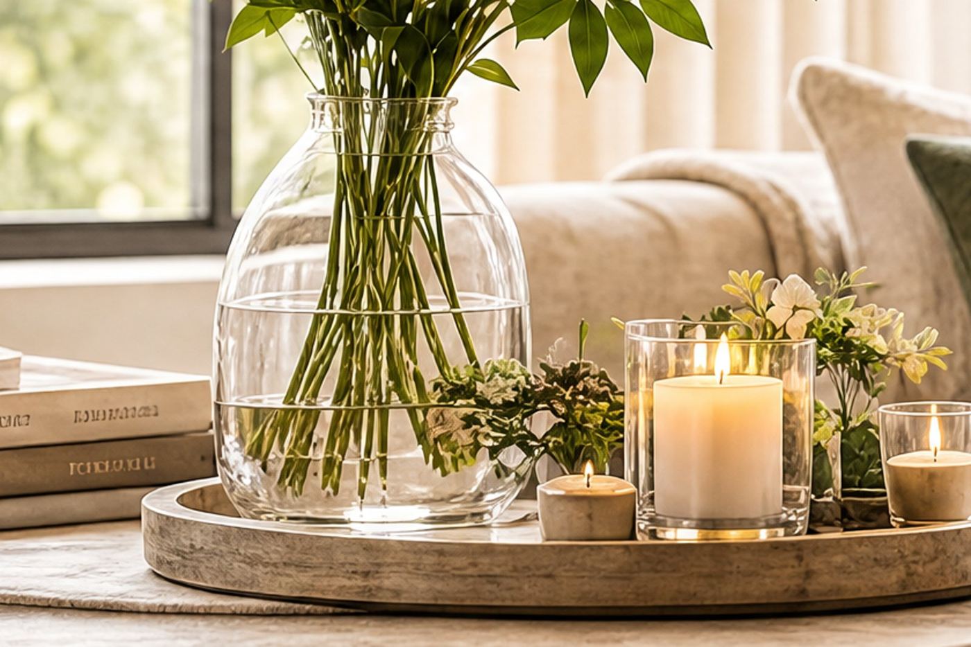 Een salontafel met dienblad, kaarsen en bloemen